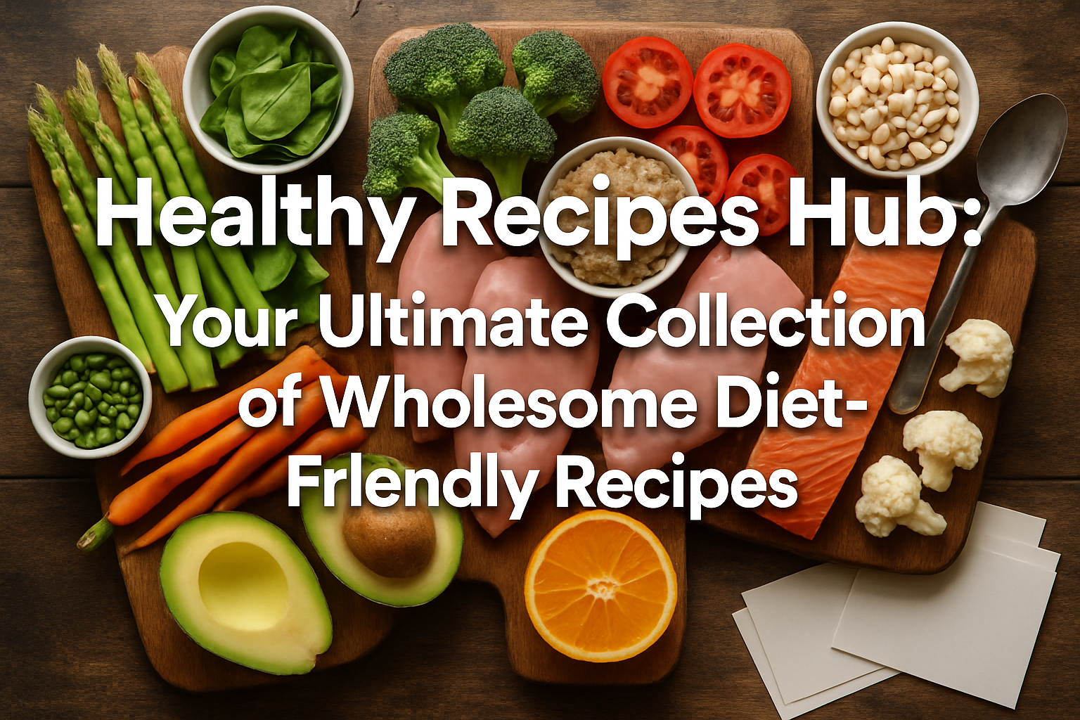 Professional landscape hero image (1536x1024) featuring bold text overlay 'Healthy Recipes Hub: Your Ultimate Collection of Wholesome Diet-F
