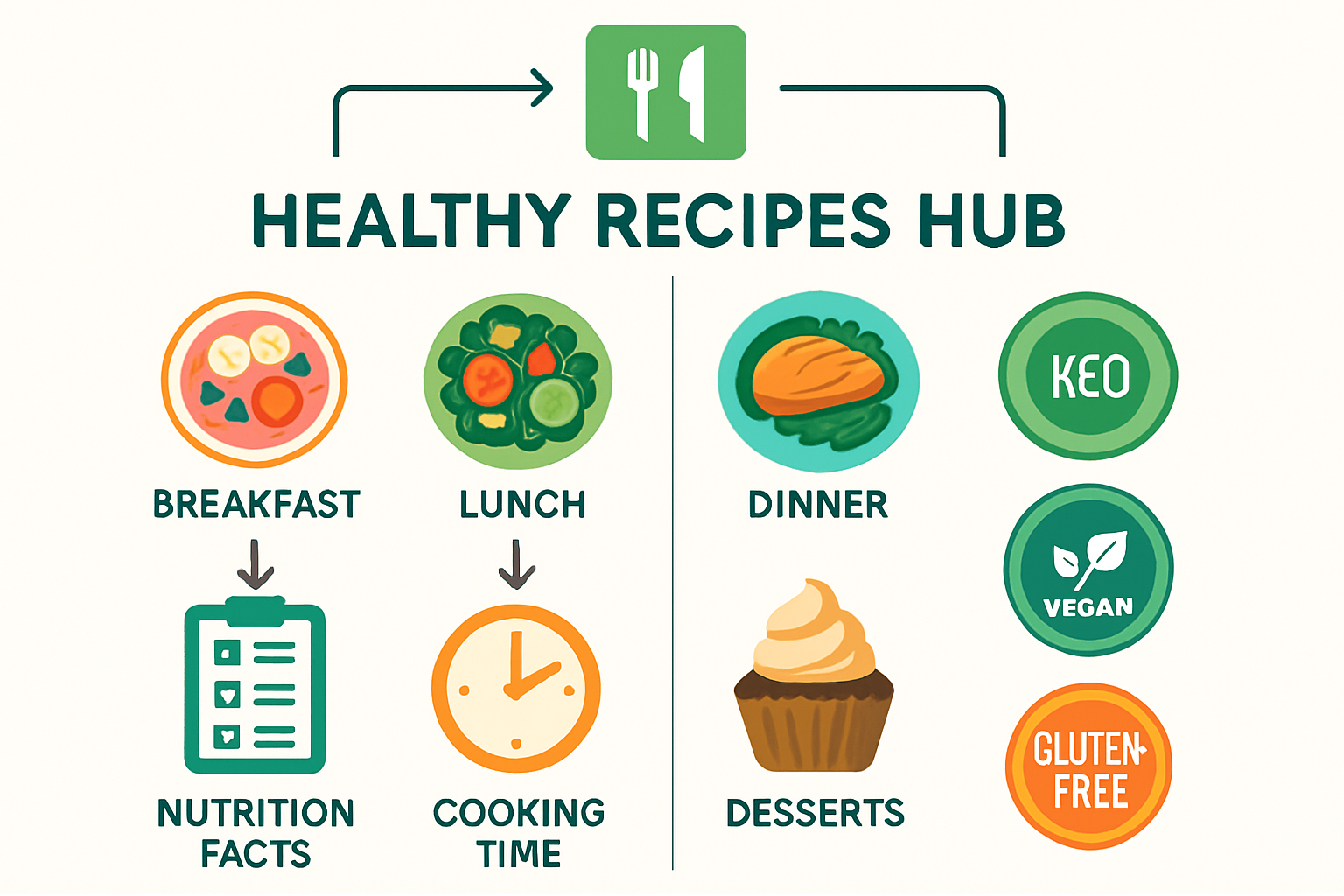 Detailed infographic showing the essential components of a healthy recipes hub with colorful icons representing different recipe categories: