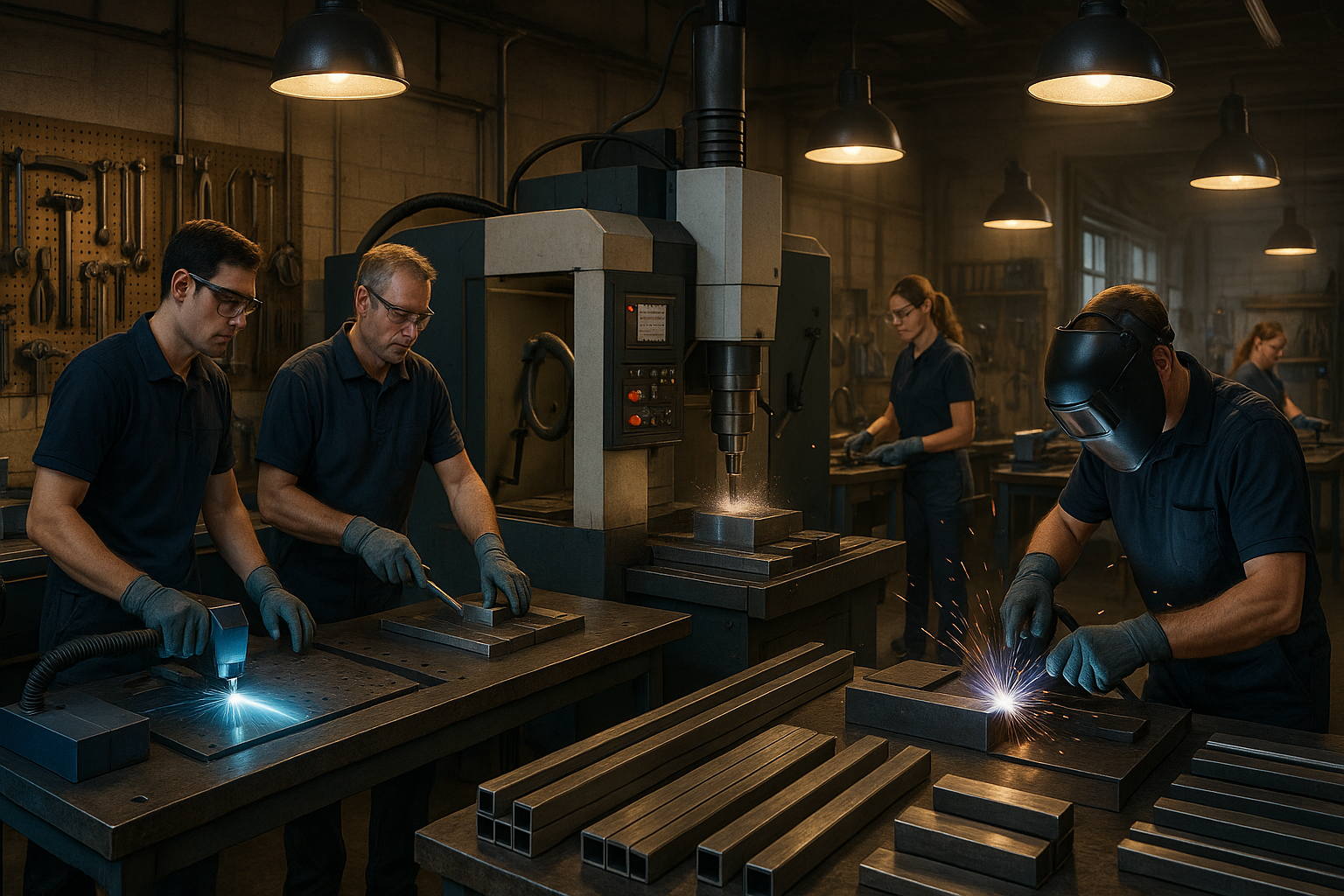 An evocative landscape image depicting a bustling, state-of-the-art metal workshop interior. The scene showcases various specialized machine