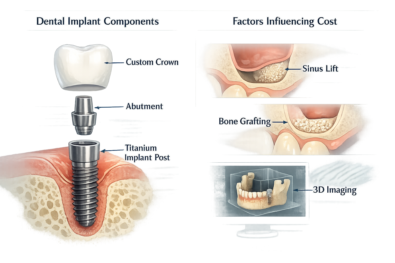 A detailed illustration in () showcasing the various components of a single dental implant: the titanium implant post, the