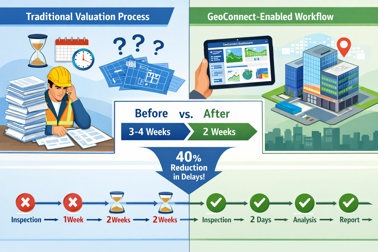 () detailed illustration showing split-screen comparison of traditional valuation process versus GeoConnect-enabled