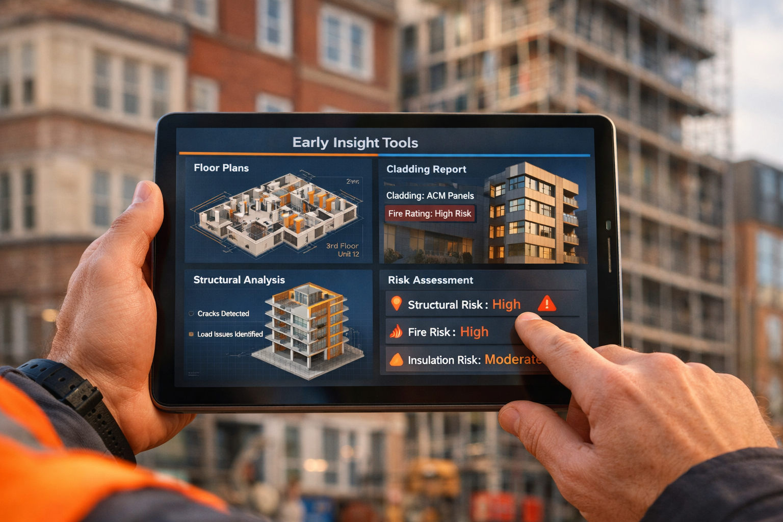 () close-up photograph of surveyor's hands holding tablet displaying Early Insight Tools interface with property data