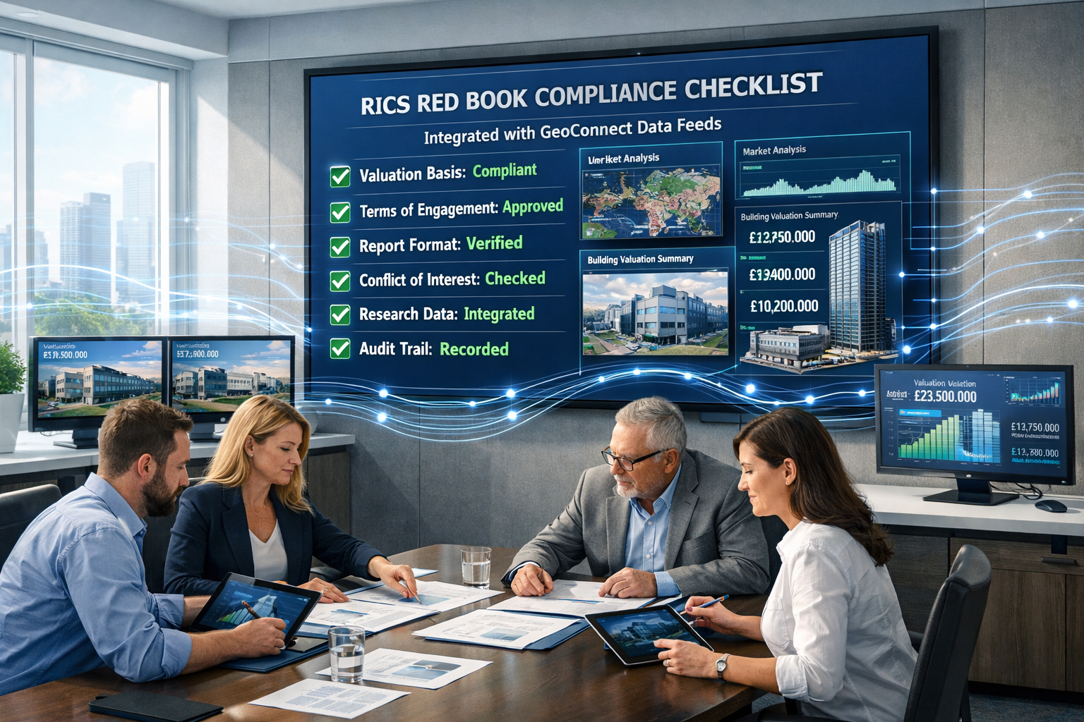 () wide-angle interior shot of modern surveyor's office with large wall-mounted screen displaying RICS Red Book compliance