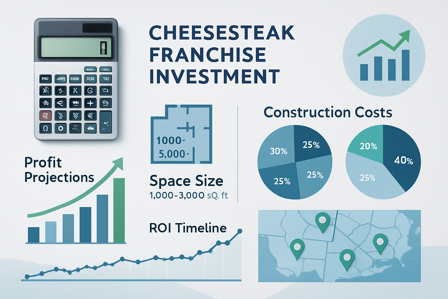 Detailed landscape image (1536x1024) showing financial analysis dashboard for cheesesteak franchise investment. Visual elements include calc