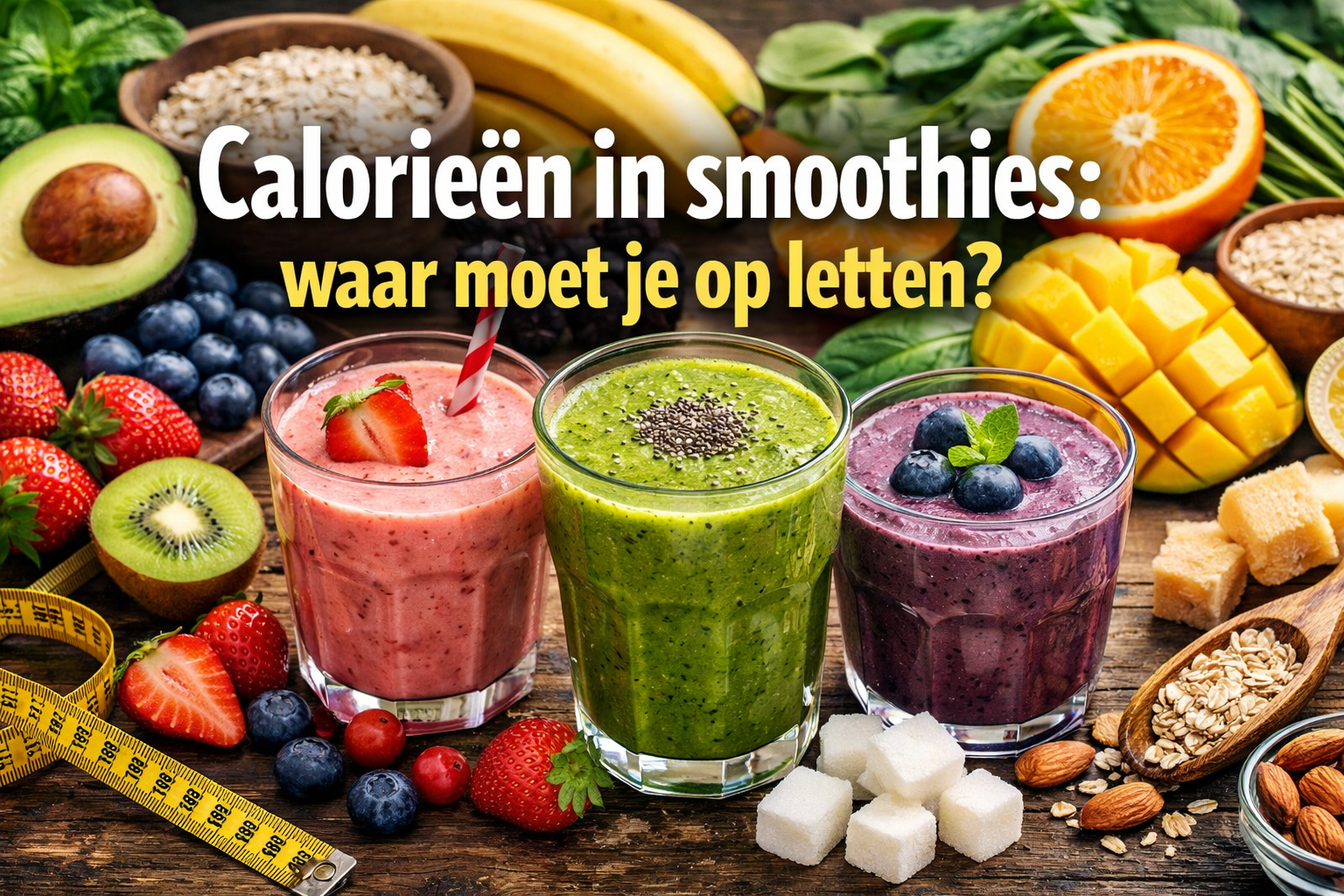 Professional landscape hero image (1536x1024) with bold text overlay: "Calorieën in smoothies: waar moet je op letten?". Modern design, high