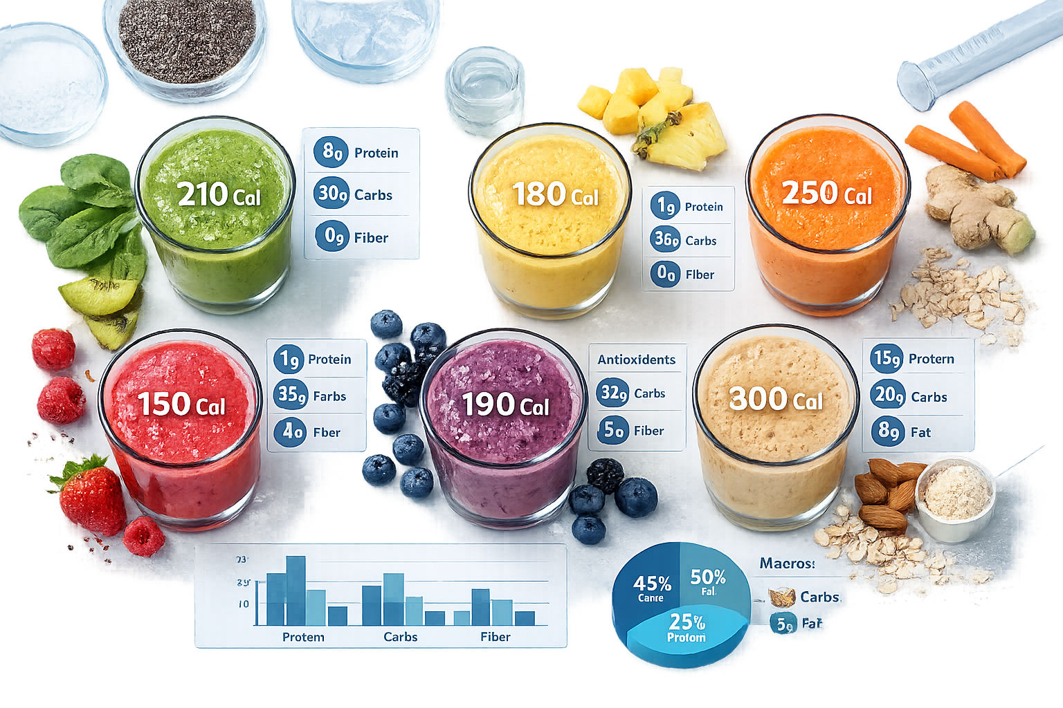 Samenvatting section visual: Overhead shot of multiple colorful smoothies arranged scientifically, each with transparent calorie count overl
