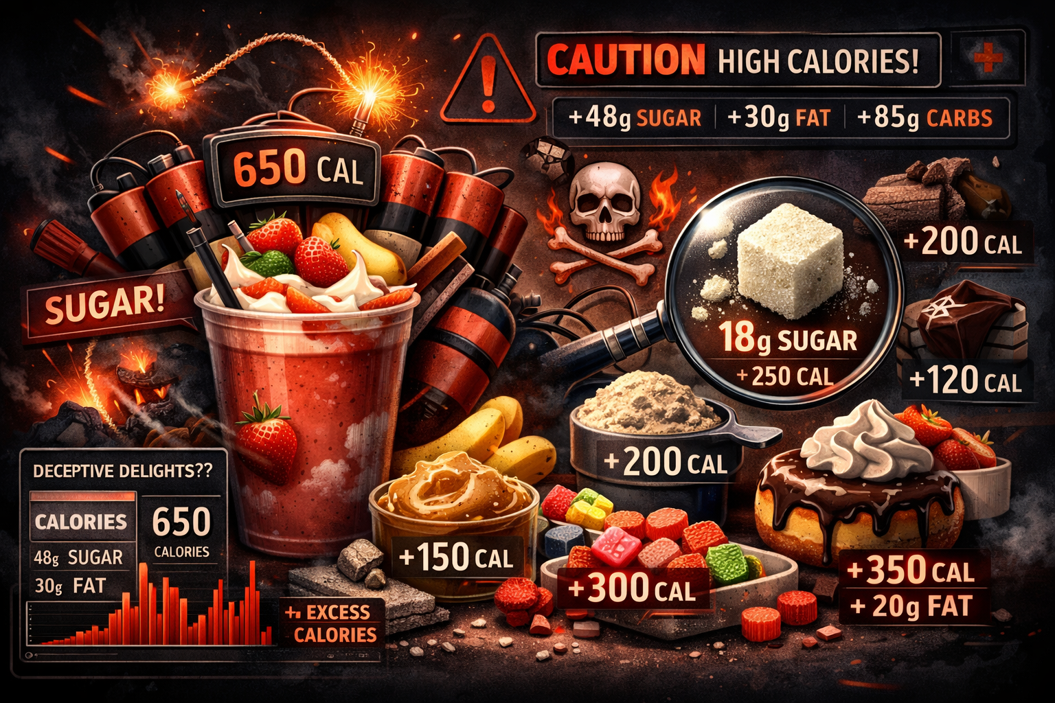 Calorieën in smoothies: de grootste valkuilen section visual: Dramatic illustration of common smoothie ingredients transforming into oversiz