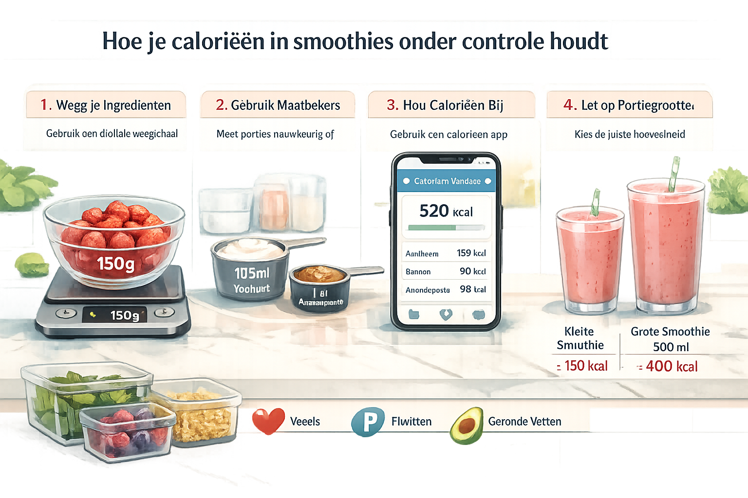 Hoe je calorieën in smoothies onder controle houdt section visual: Instructional step-by-step visual guide showing precise smoothie ingredie
