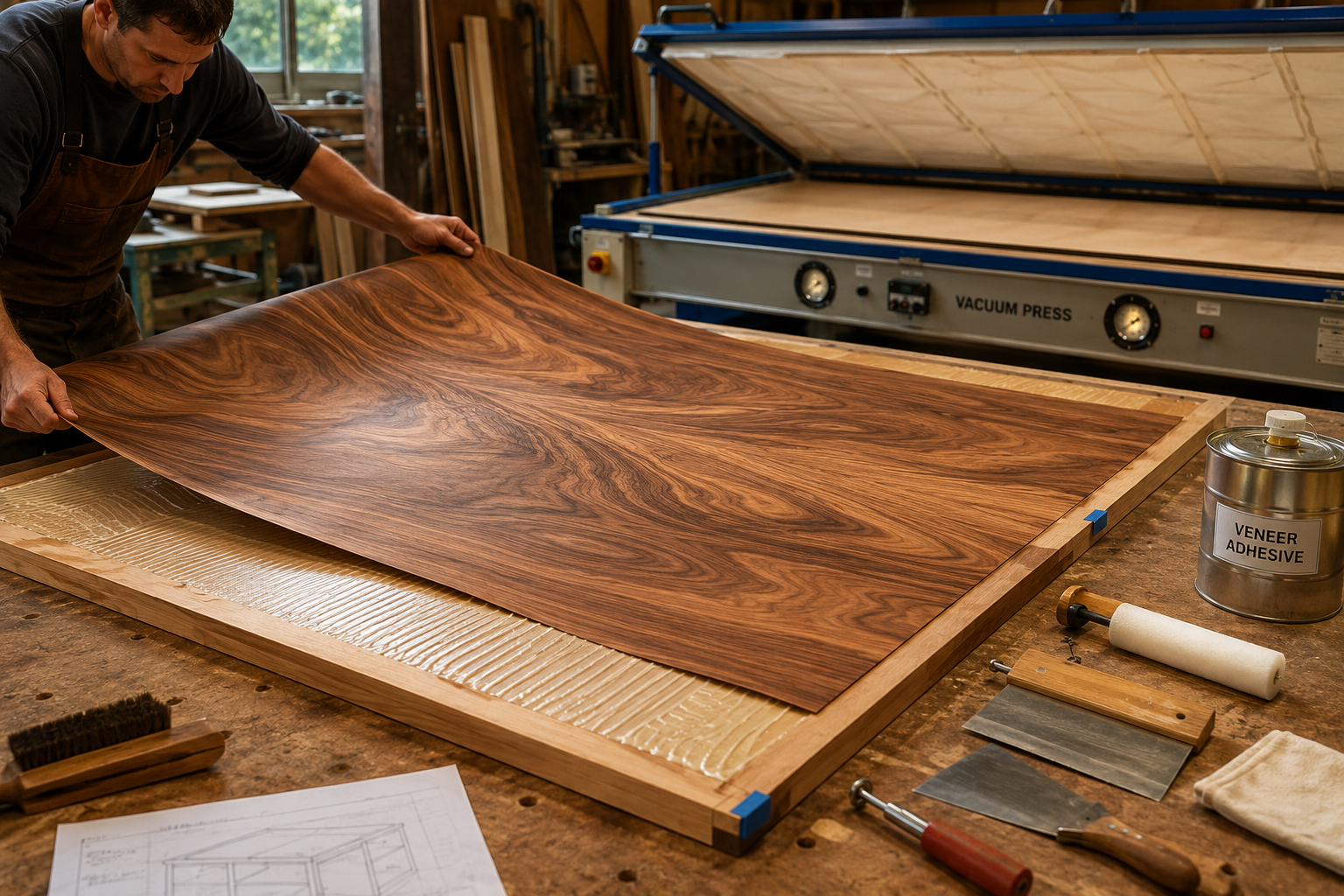 A detailed () image illustrating the veneering process for large surfaces. The scene features a large sheet of exotic wood