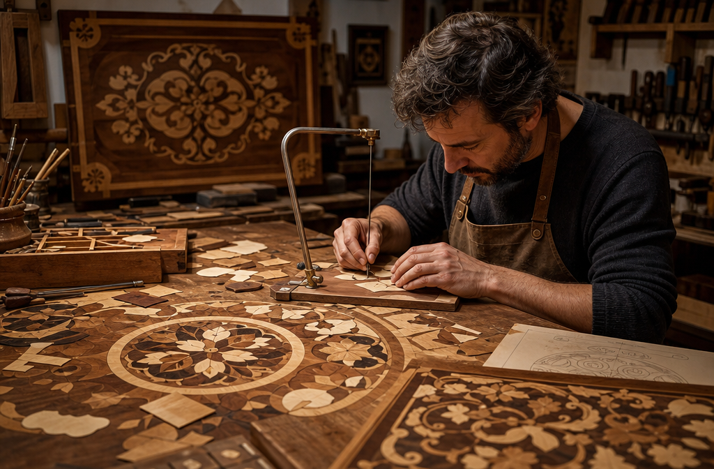 A detailed () image focusing on marquetry techniques for intricate decorative patterns. A skilled artisan is shown