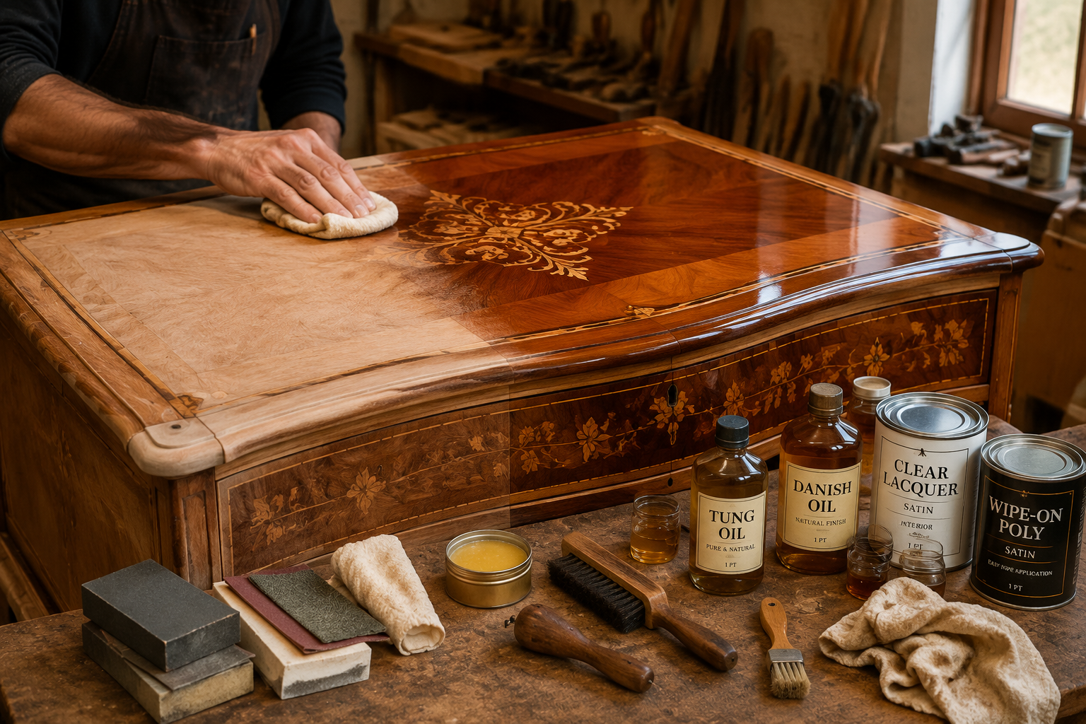A detailed () image showcasing the finishing process of a veneered and marquetry-decorated furniture piece. A partially