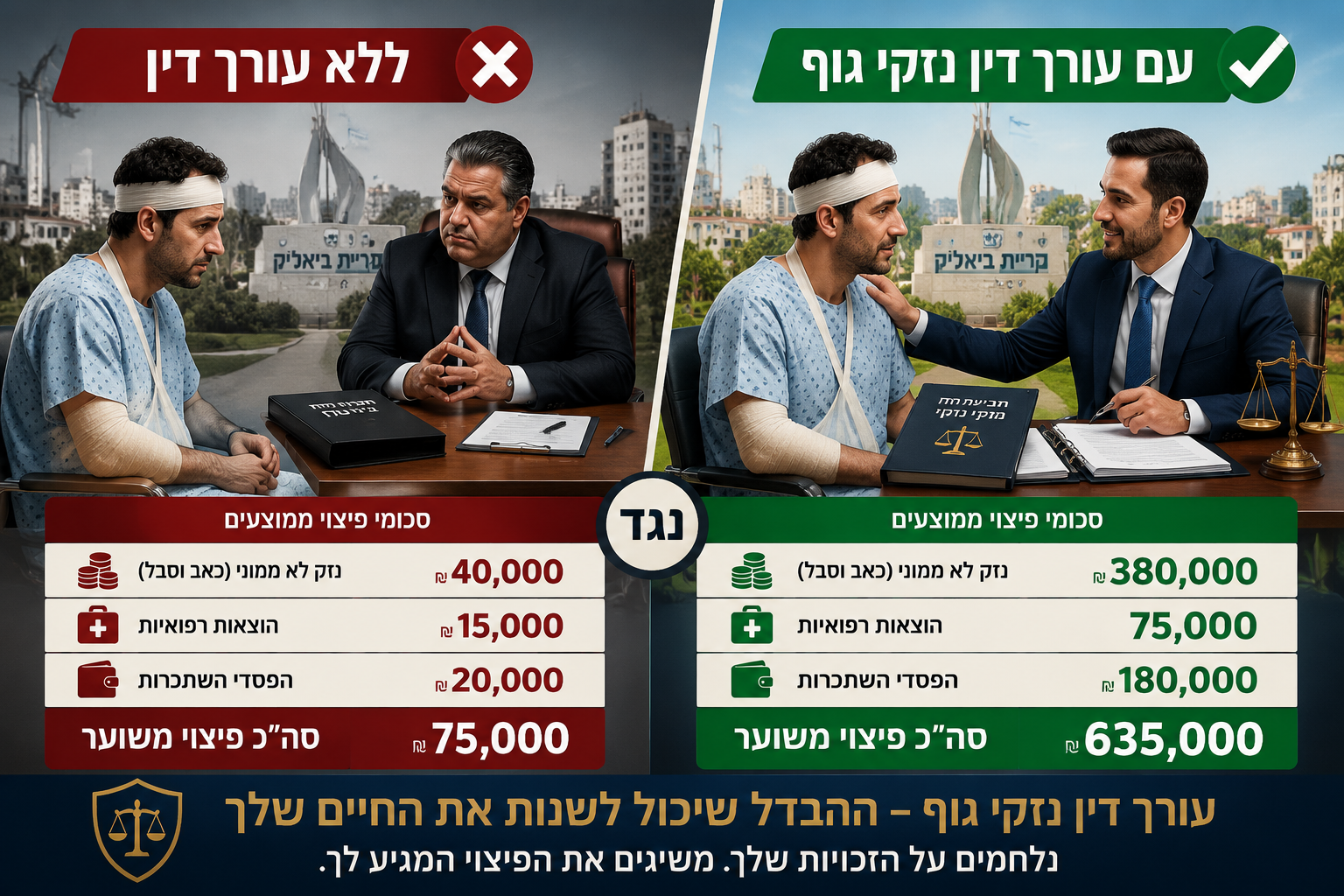 () editorial illustration showing a detailed comparison infographic in Hebrew: on the left panel, a sympathetic injured