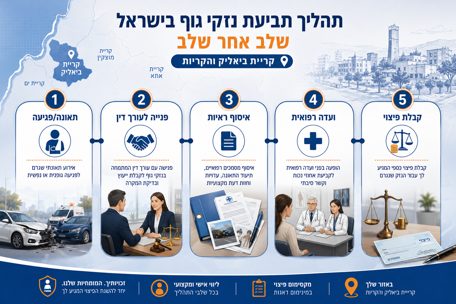() step-by-step process visualization in Hebrew showing a numbered timeline flowchart for personal injury claims in Israel.
