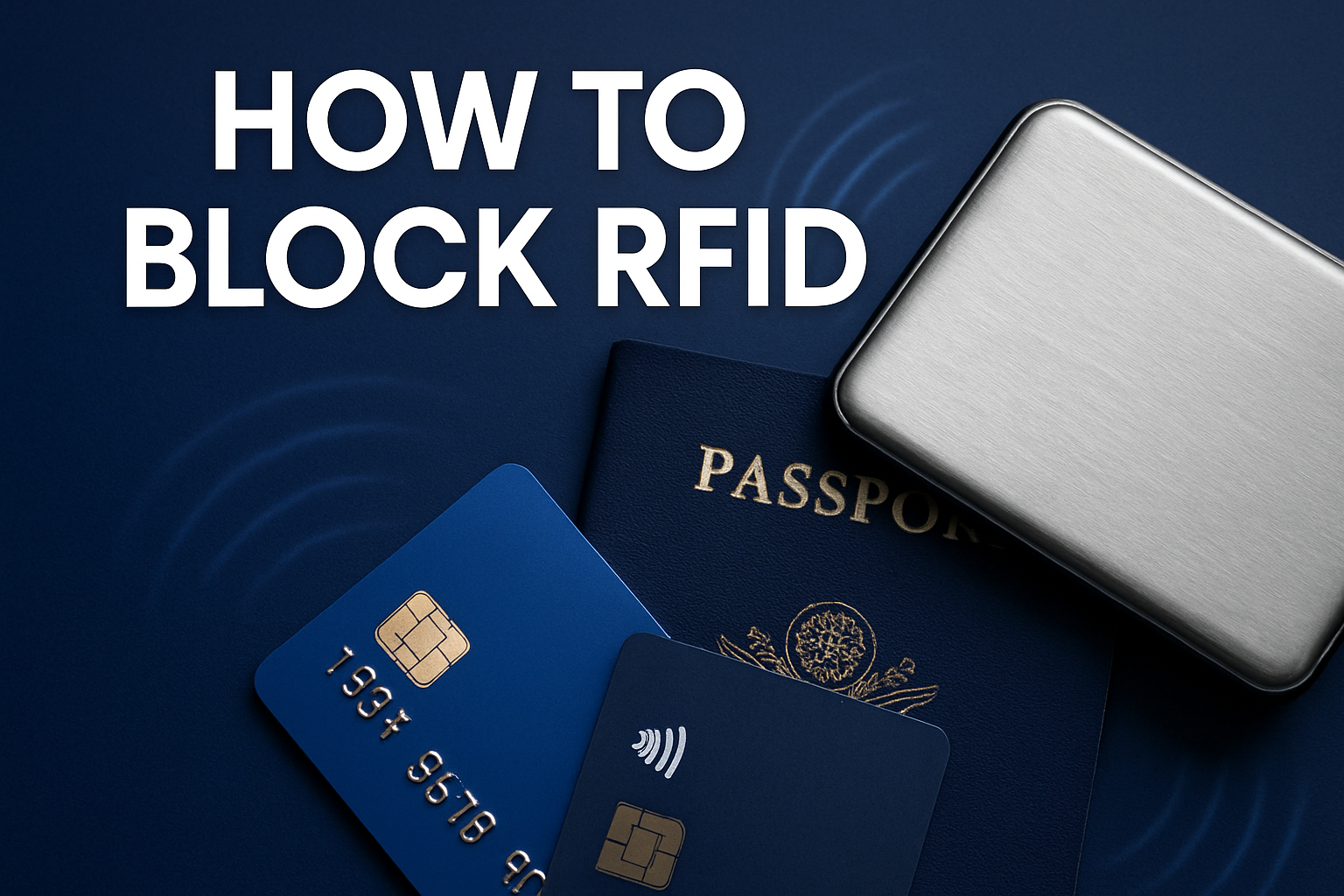 Professional landscape hero image (1536x1024) featuring bold text overlay 'How to Block RFID' in extra large 72pt white sans-serif font with
