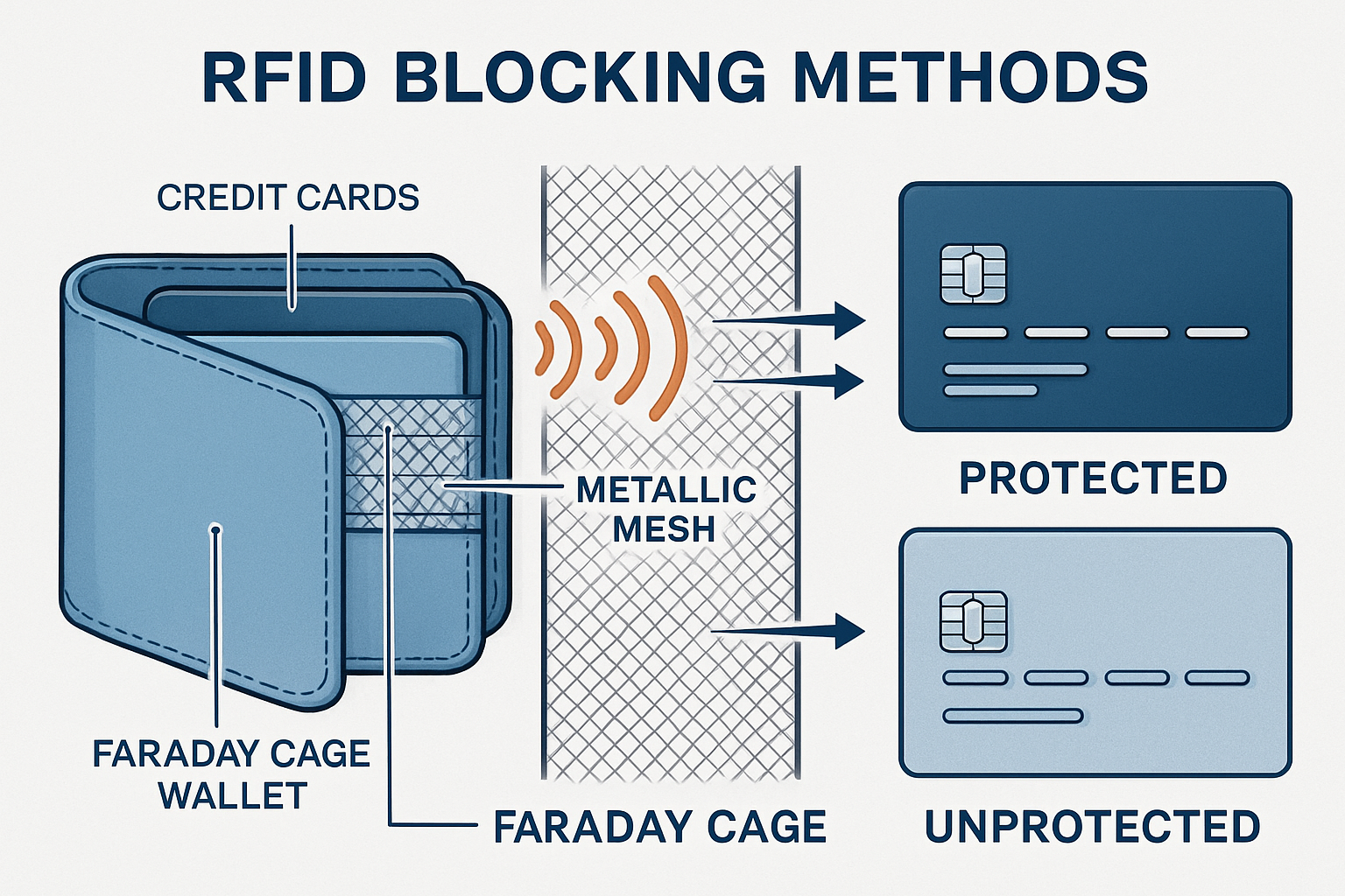 Detailed infographic showing RFID blocking methods with cross-section view of Faraday cage wallet containing credit cards, electromagnetic w