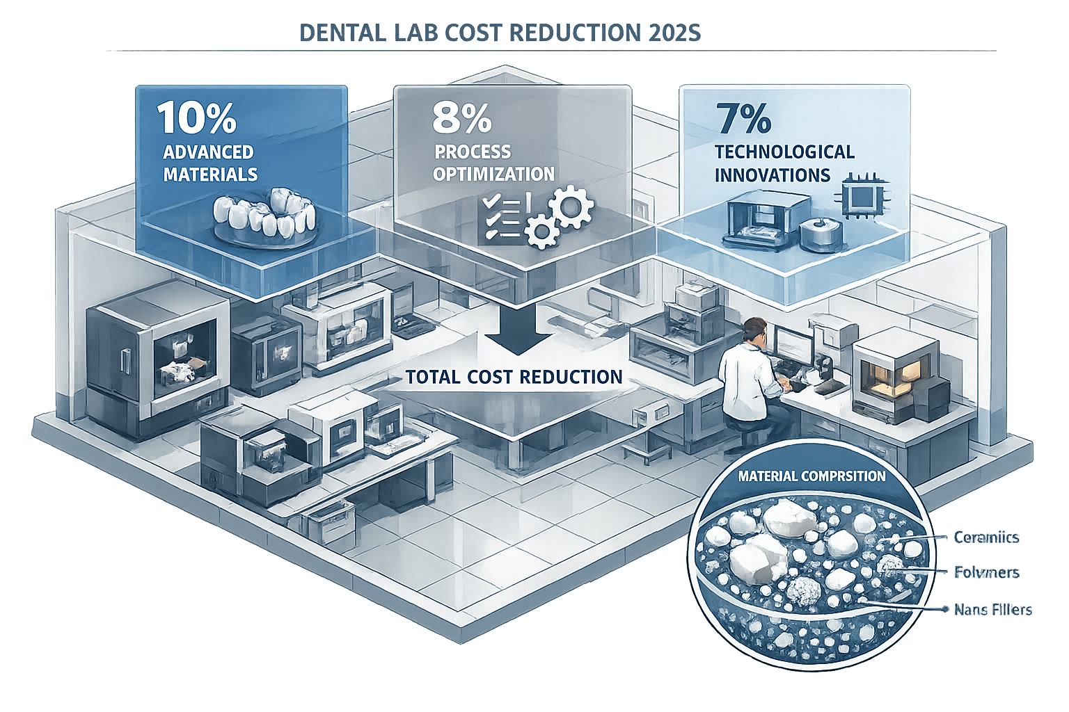 Technical illustration showcasing dental laboratory cost reduction process for 2026. Cutaway view of modern dental lab with advanced 3D prin