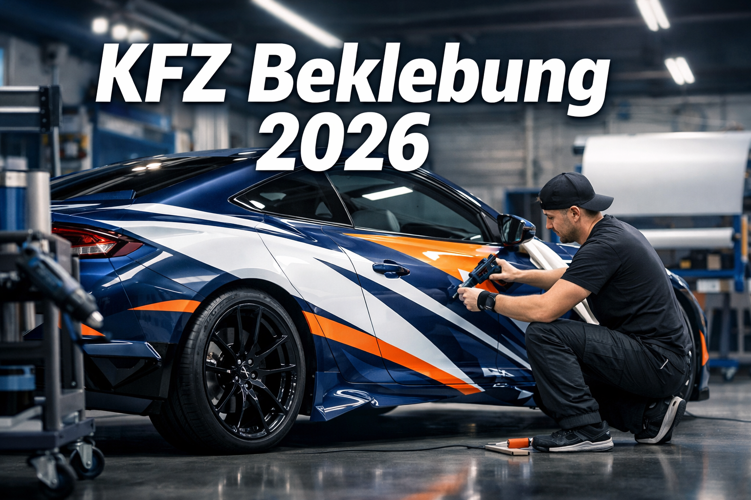 Professional landscape format (1536x1024) hero image featuring bold text overlay 'KFZ Beklebung 2026' in extra large 72pt white sans-serif f