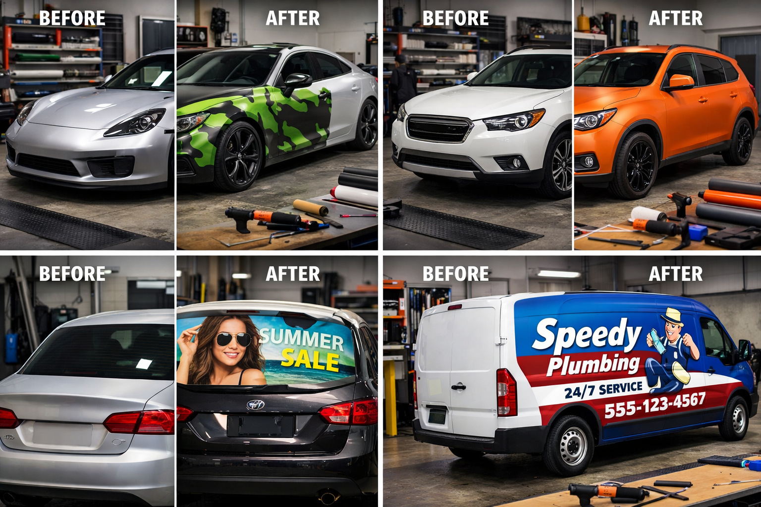 Landscape format (1536x1024) image showing various types of vehicle wrapping materials and applications - partial wraps, full wraps, window 