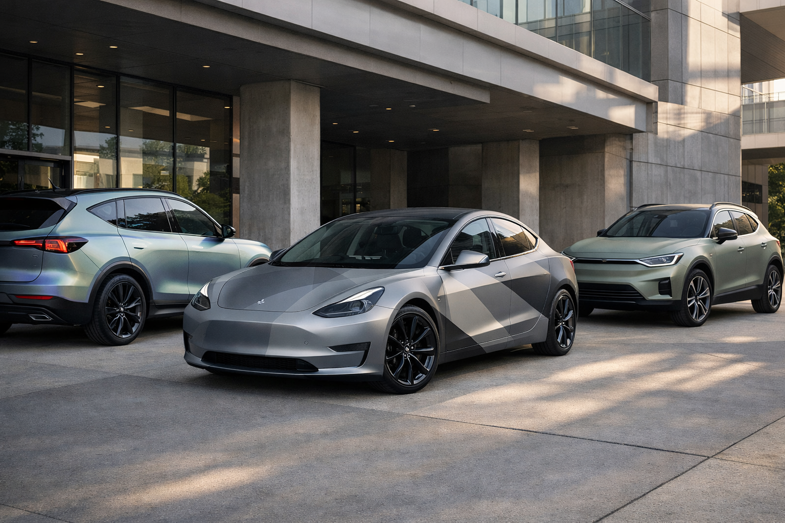 Landscape format (1536x1024) image showcasing 2026 vehicle wrapping trends including subtle color-shift films, minimalist geometric patterns