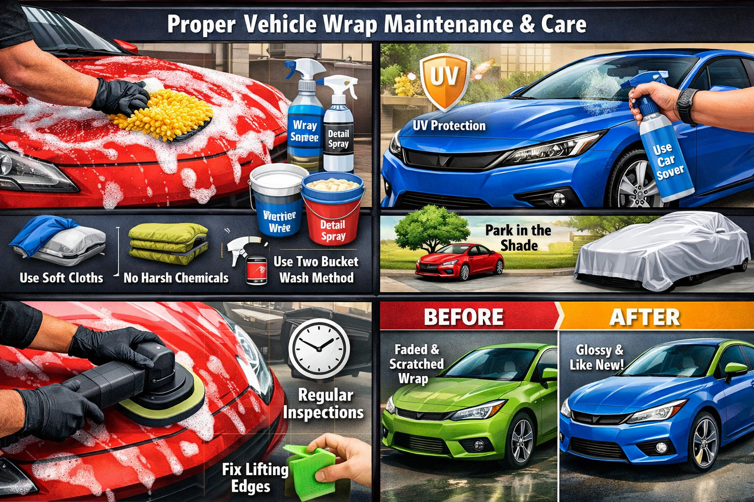 Landscape format (1536x1024) image depicting proper vehicle wrap maintenance and care procedures. Split scene showing correct cleaning techn