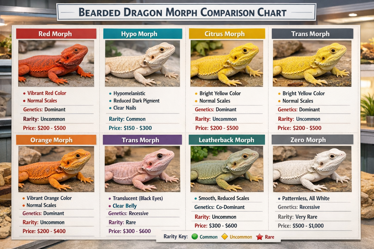 Detailed infographic showing bearded dragon morph comparison chart with visual examples of red, hypo, citrus, orange, trans, leatherback, an