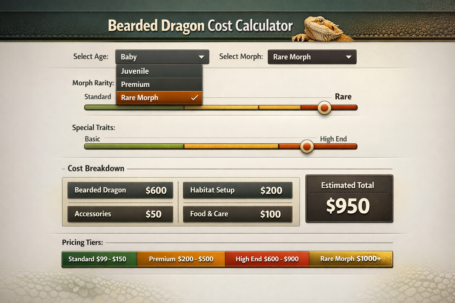 Interactive pricing calculator interface showing bearded dragon costs by age (baby, juvenile, young adult) and morph type. Digital display w