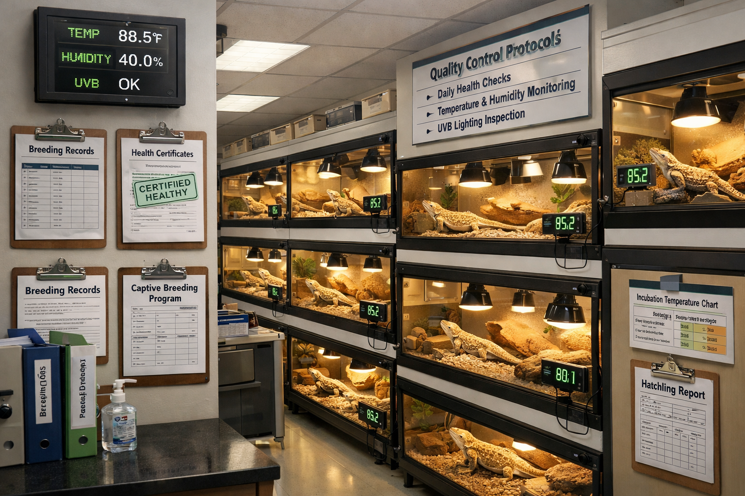 Professional reptile breeding facility interior showing rows of clean terrariums with proper UVB lighting, temperature controls, and healthy