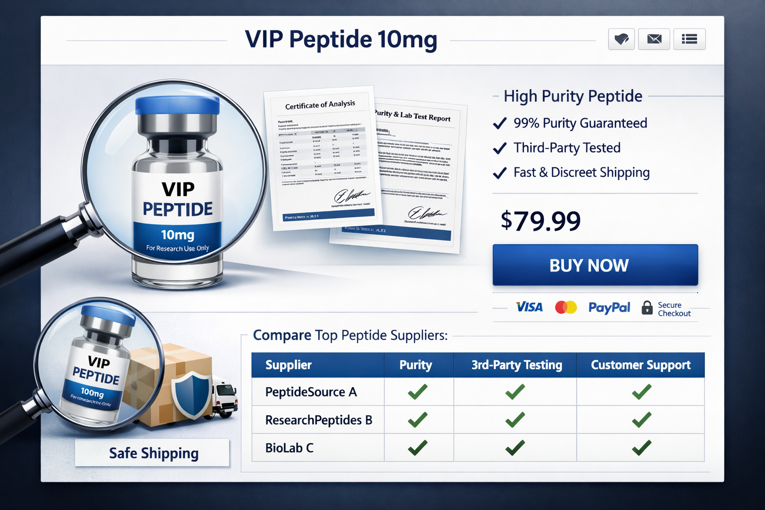 A sleek, modern e-commerce interface showcasing a high-quality product page for a 'VIP Peptide 10mg' vial, complete with purity testing cert