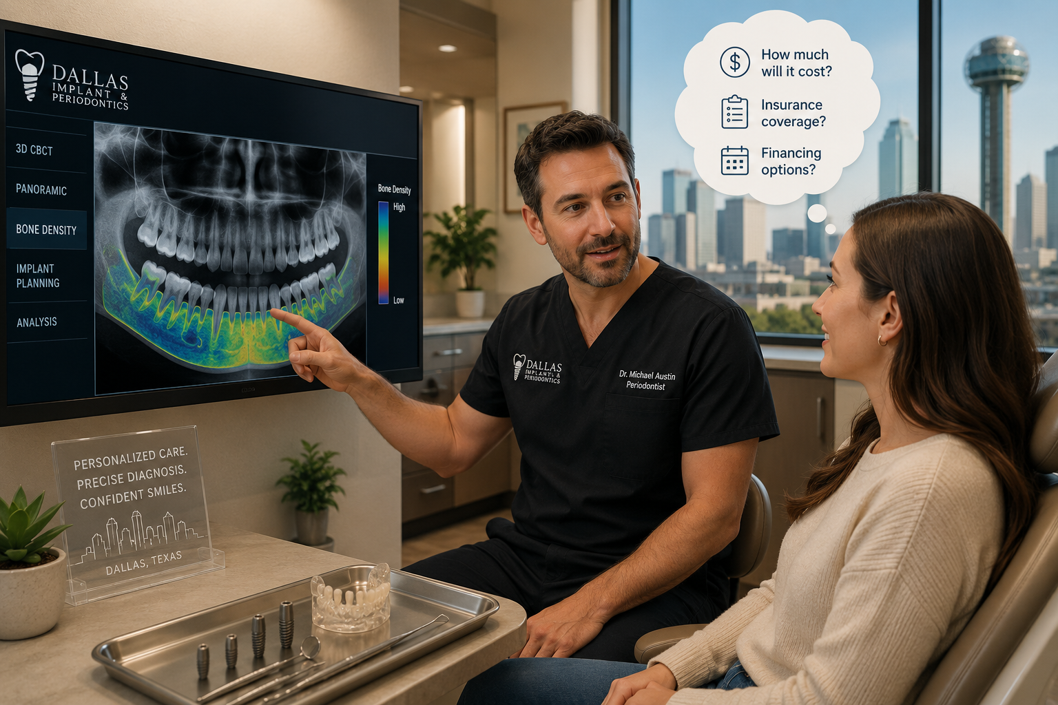 () image illustrating the consultation process. A calm, pointing to a digital X-ray on a large monitor that highlights bone