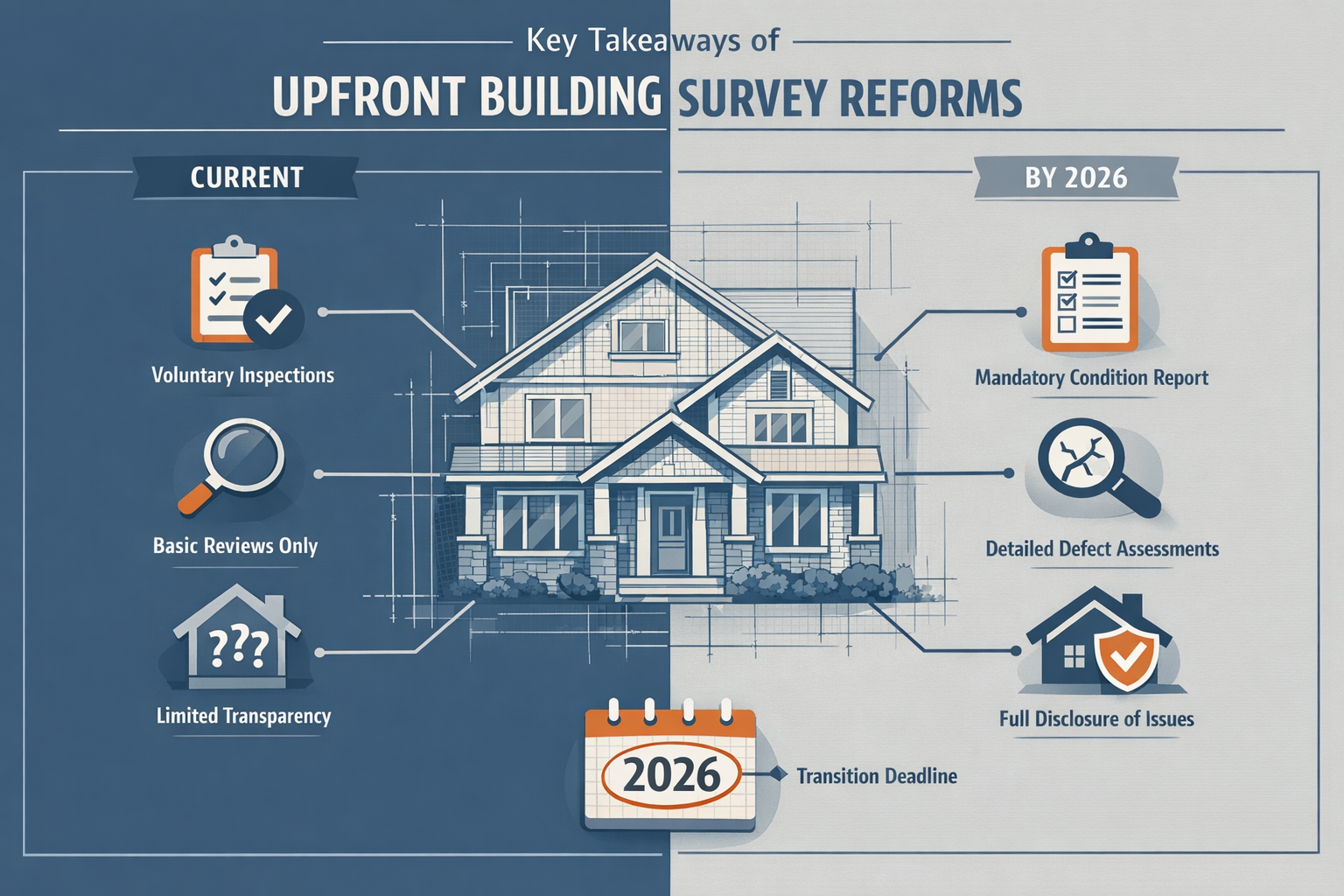 Infographic-style visual summarizing Key Takeaways of Upfront Building Survey reforms, featuring a central architectural