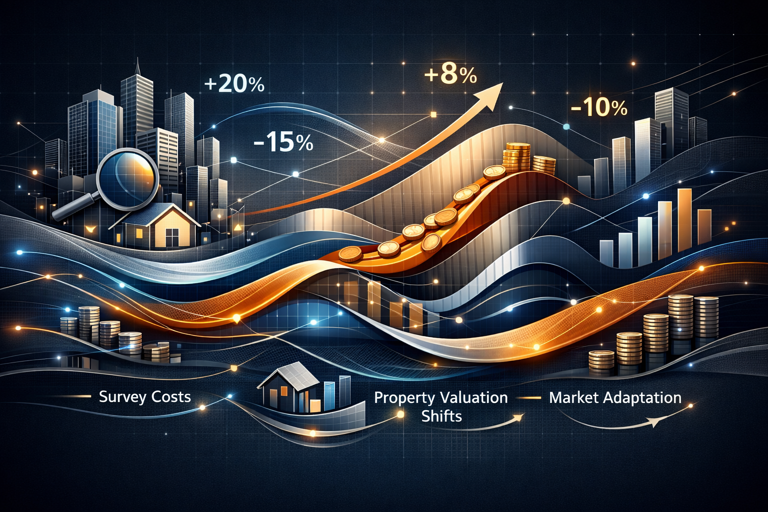 Financial impact visualization depicting market transformation through stylized economic landscape. Multilayered chart