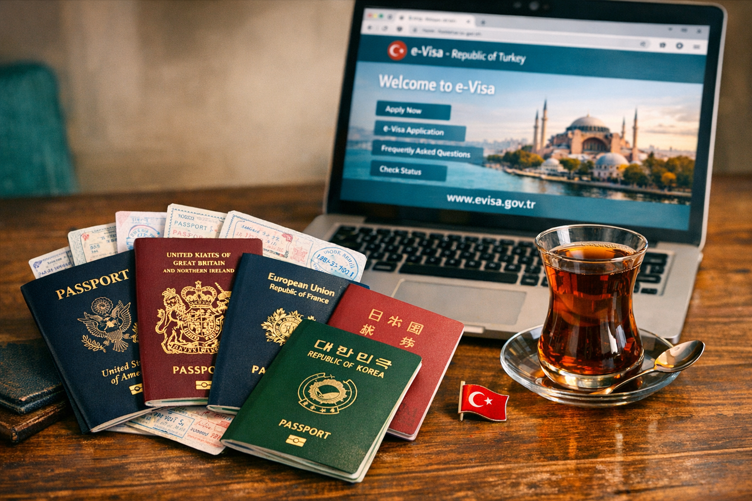 Detailed () editorial photograph showing a close-up of diverse passports from US UK EU and Asian countries fanned out on a