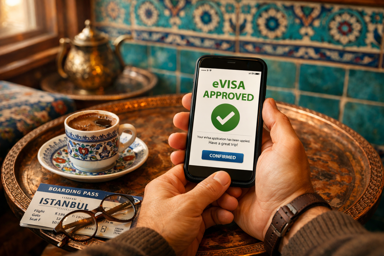 () warm editorial photograph of a traveler's hands holding a smartphone showing a confirmed eVisa approval screen with green