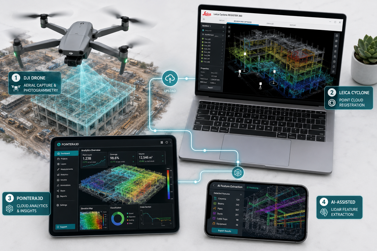() overhead bird's-eye view composite showing four digital surveying tools arranged in a flat-lay style: a DJI drone