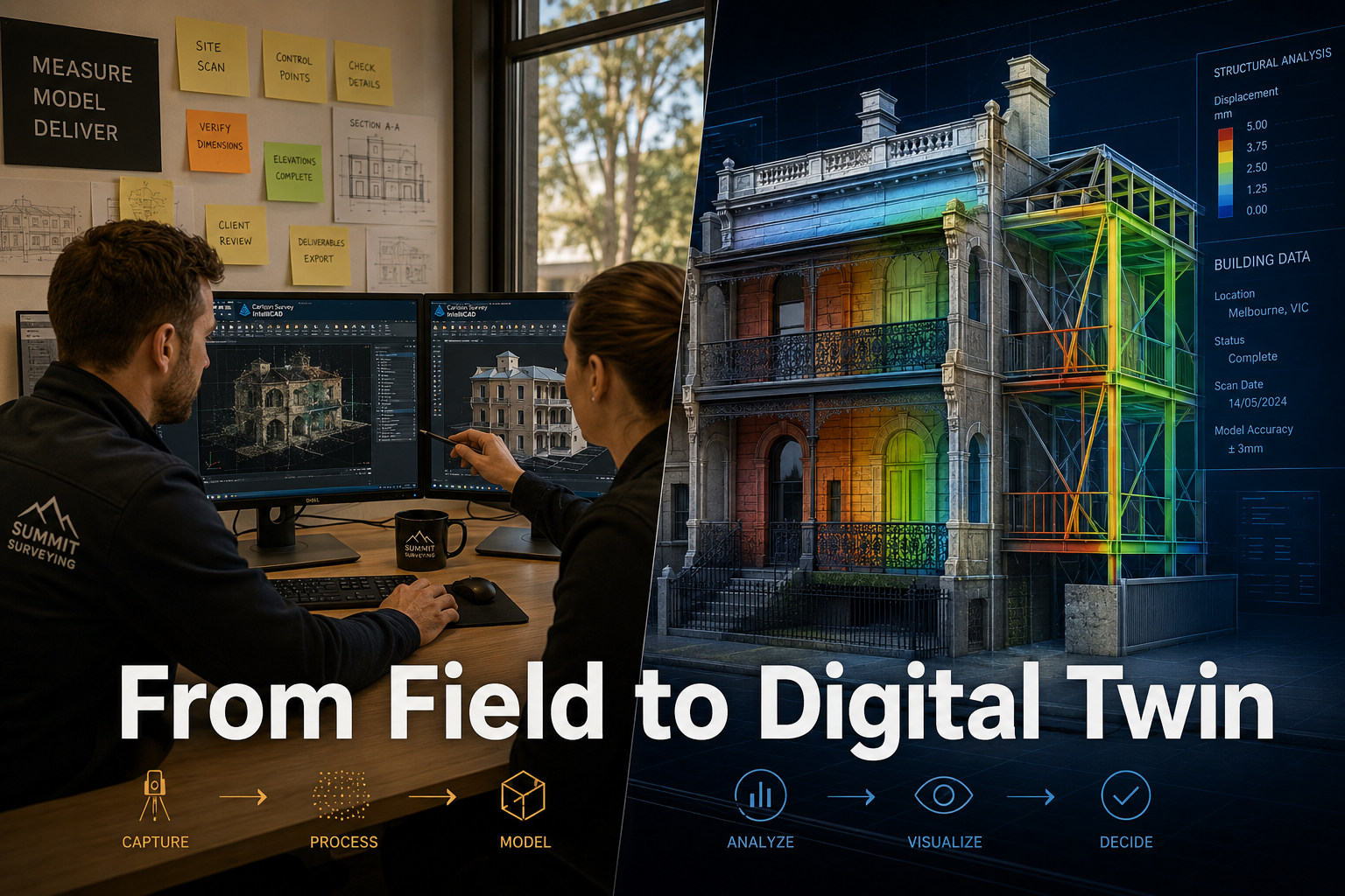 () split-screen scene showing a small surveying firm office on the left: two professionals reviewing a 3D building model on