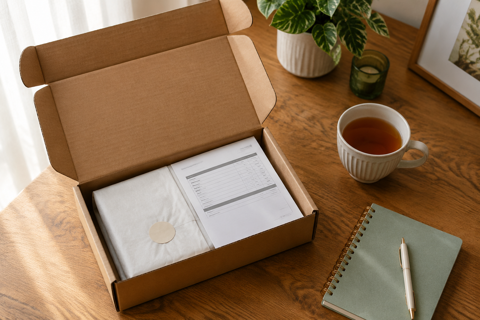 Detailed () editorial photograph-style image showing a top-down flat lay of a plain unbranded cardboard delivery box