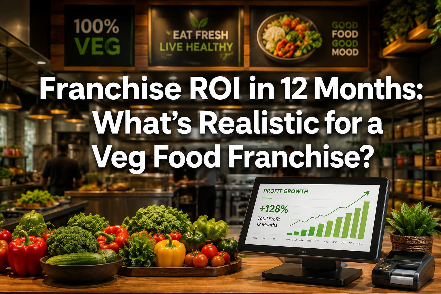 Professional () hero image with : 'Franchise ROI in 12 Months: What’s Realistic for a Veg Food Franchise?', centered.