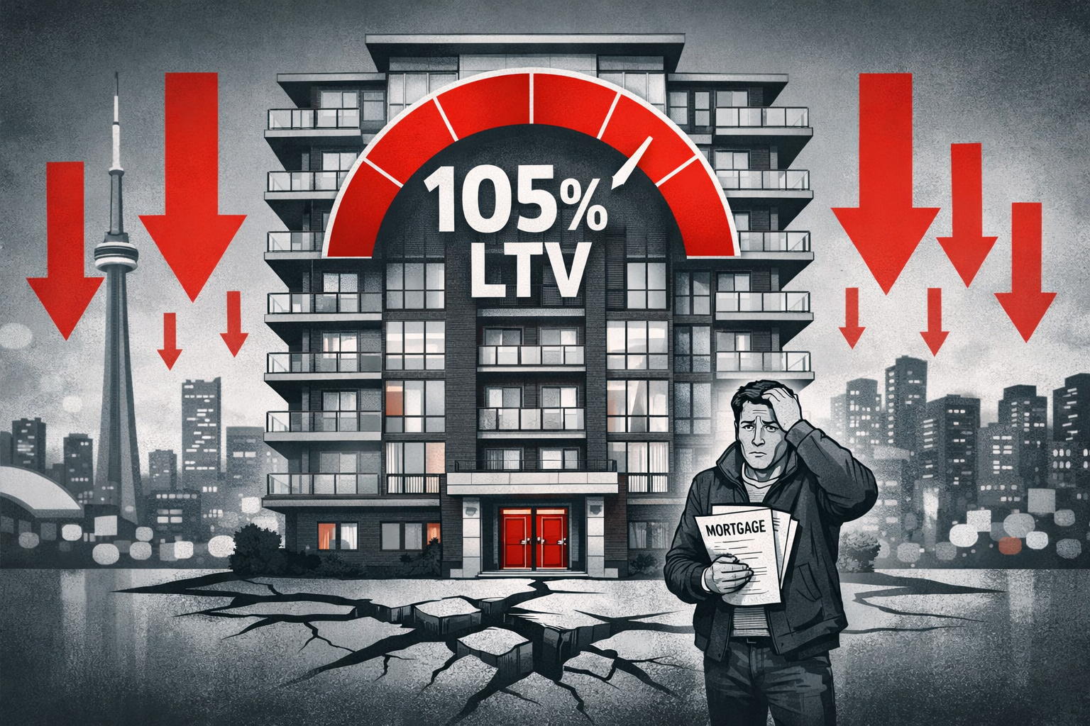 Wide-angle editorial illustration showing a Toronto condominium building with a large red percentage gauge reading '105%