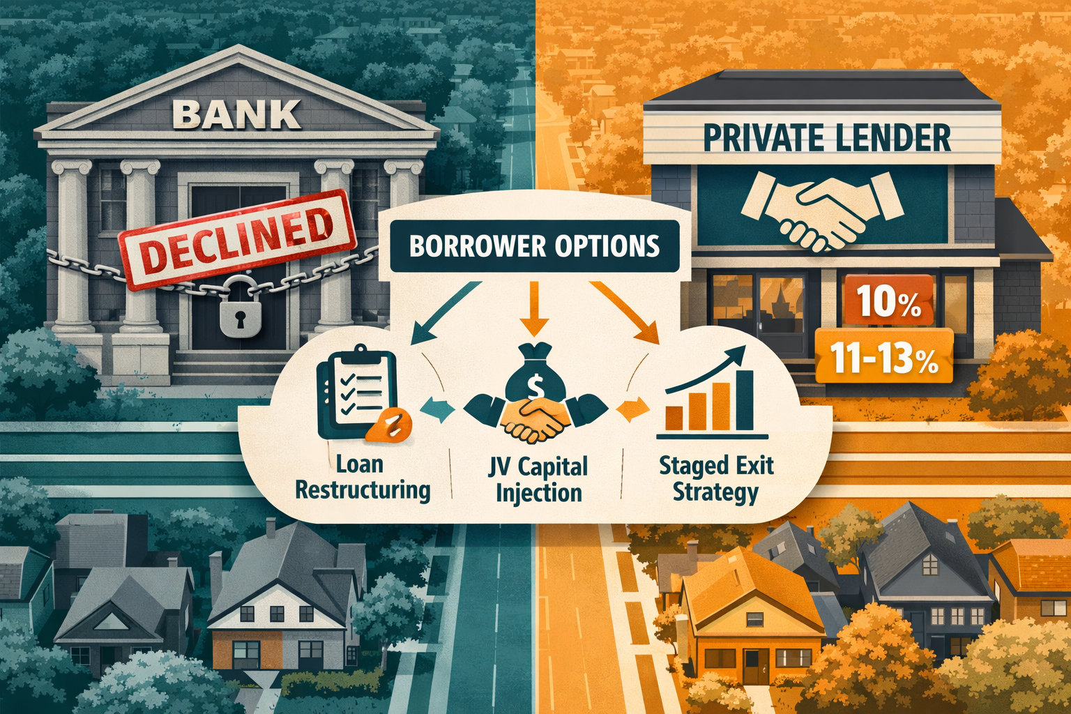 Aerial bird's-eye view of a Toronto residential street with split-screen design: left side shows a traditional bank building