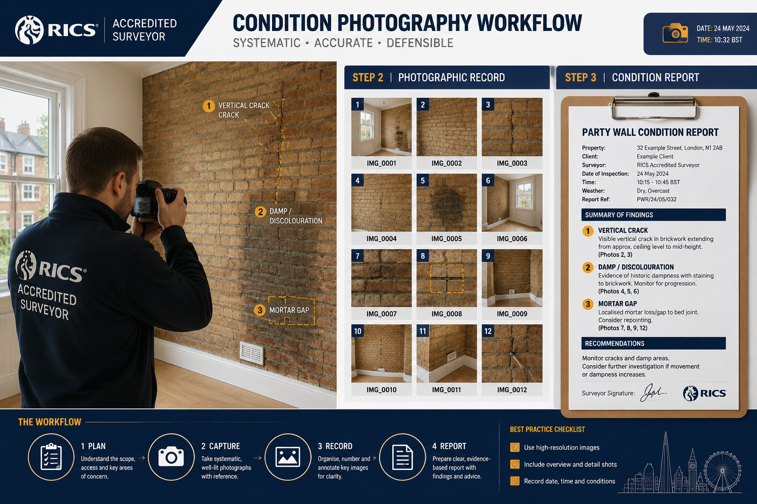 Detailed () infographic-style illustration showing a step-by-step schedule of condition photography workflow: a