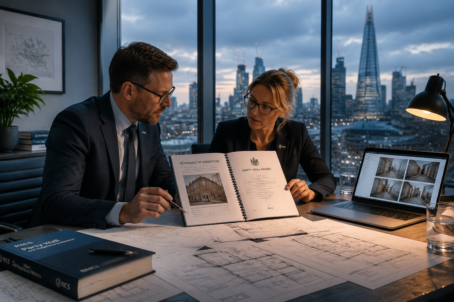 () wide-angle editorial photograph of a formal party wall dispute resolution meeting: two RICS chartered surveyors seated at