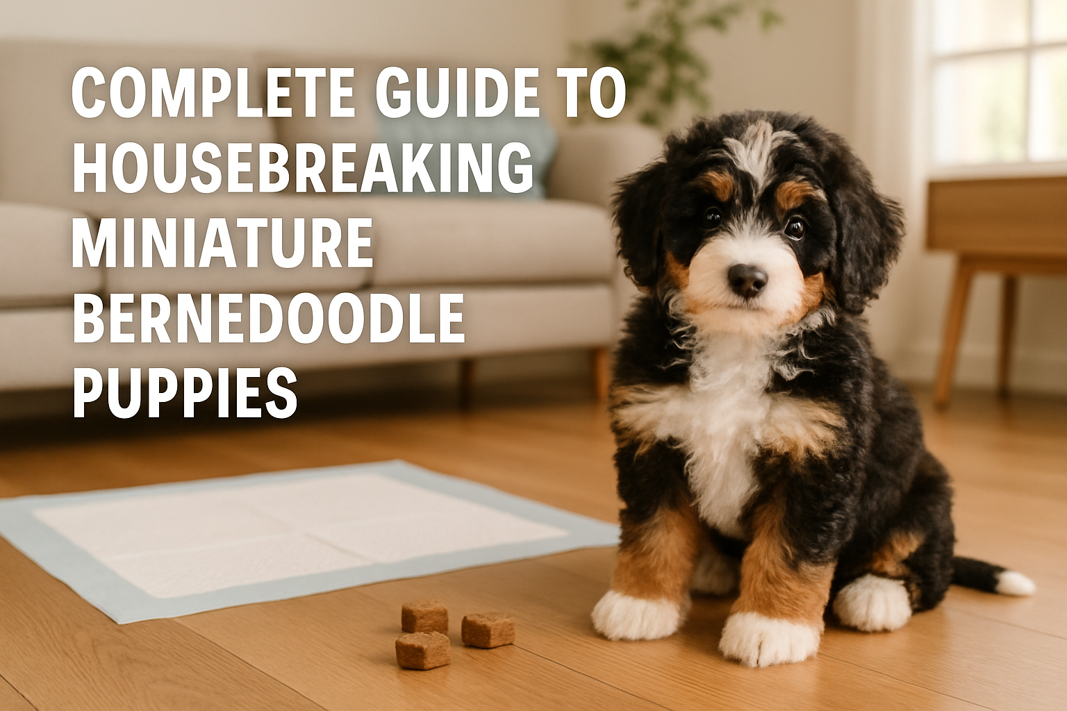 Professional landscape hero image (1536x1024) featuring adorable miniature bernedoodle puppy sitting next to training pads and treats in bri