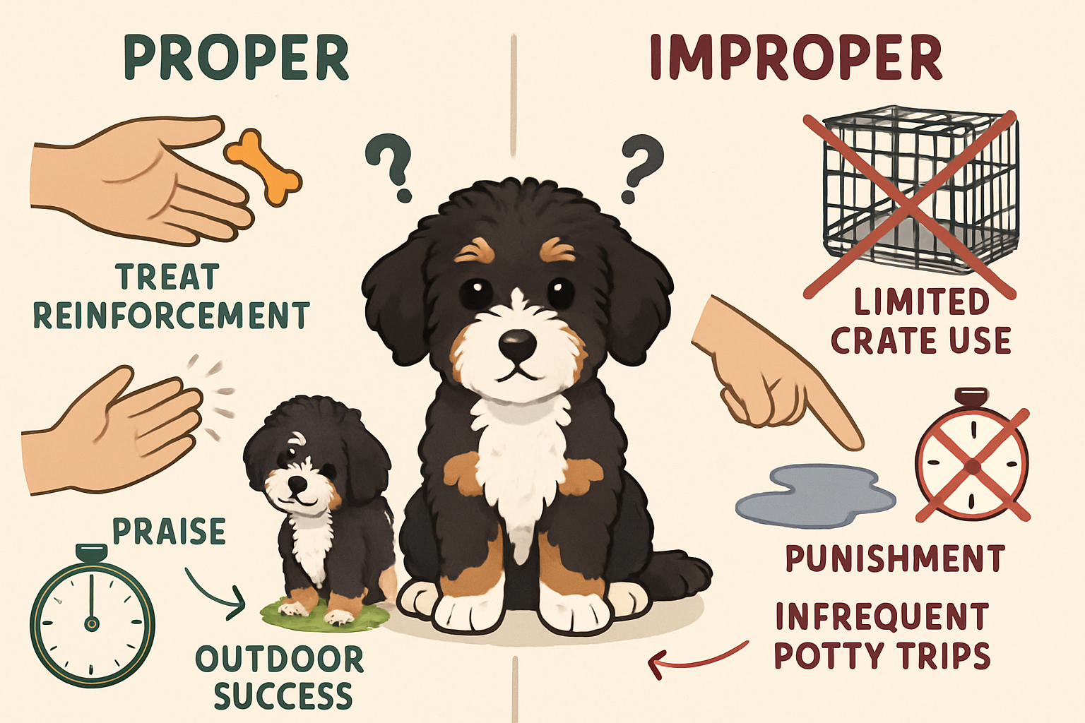 Split-screen comparison image showing proper vs improper housebreaking techniques for miniature bernedoodle puppies. Left side displays posi