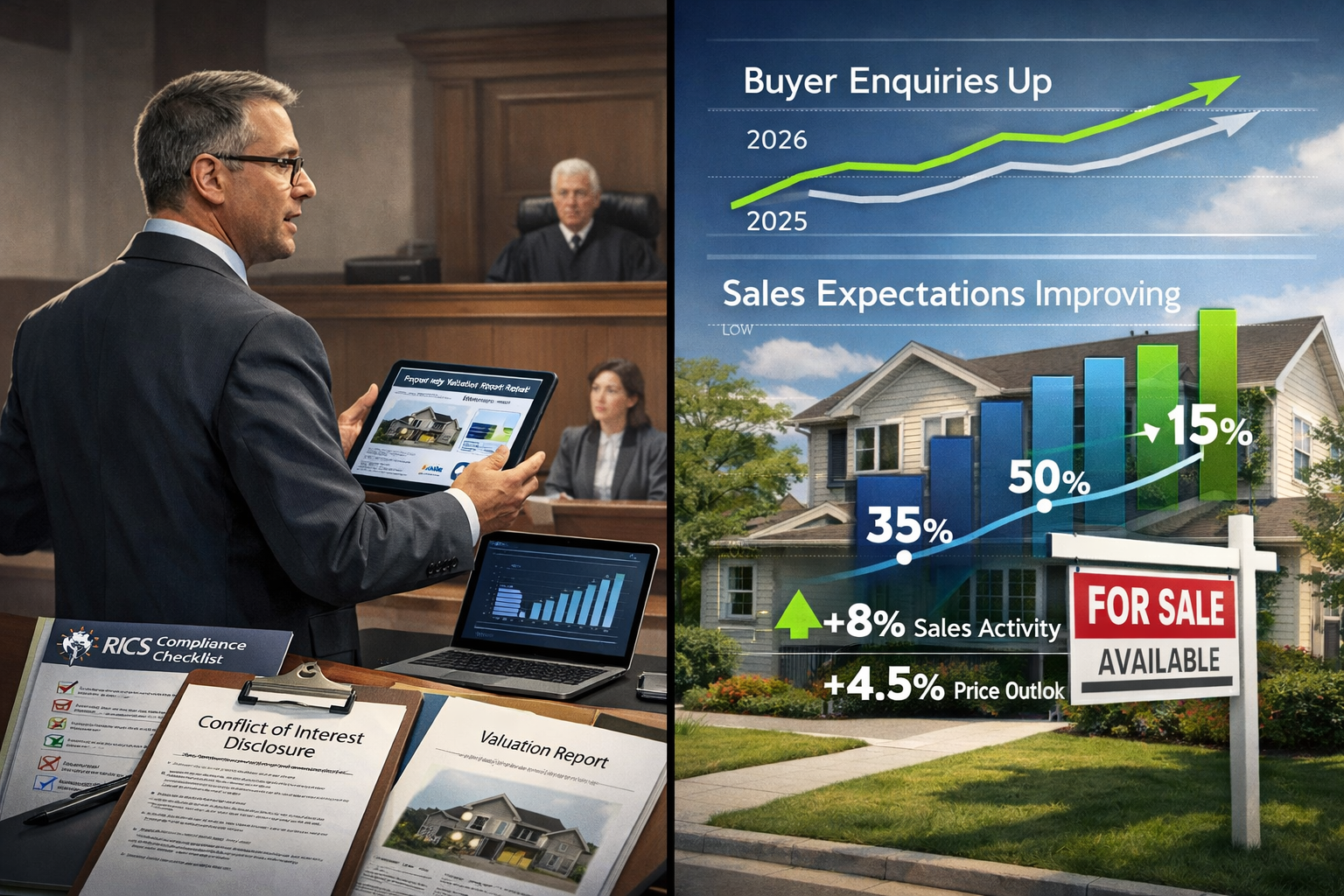 Landscape format (1536x1024) conceptual illustration depicting residential property valuation conflict scenario in 2026 market stabilization