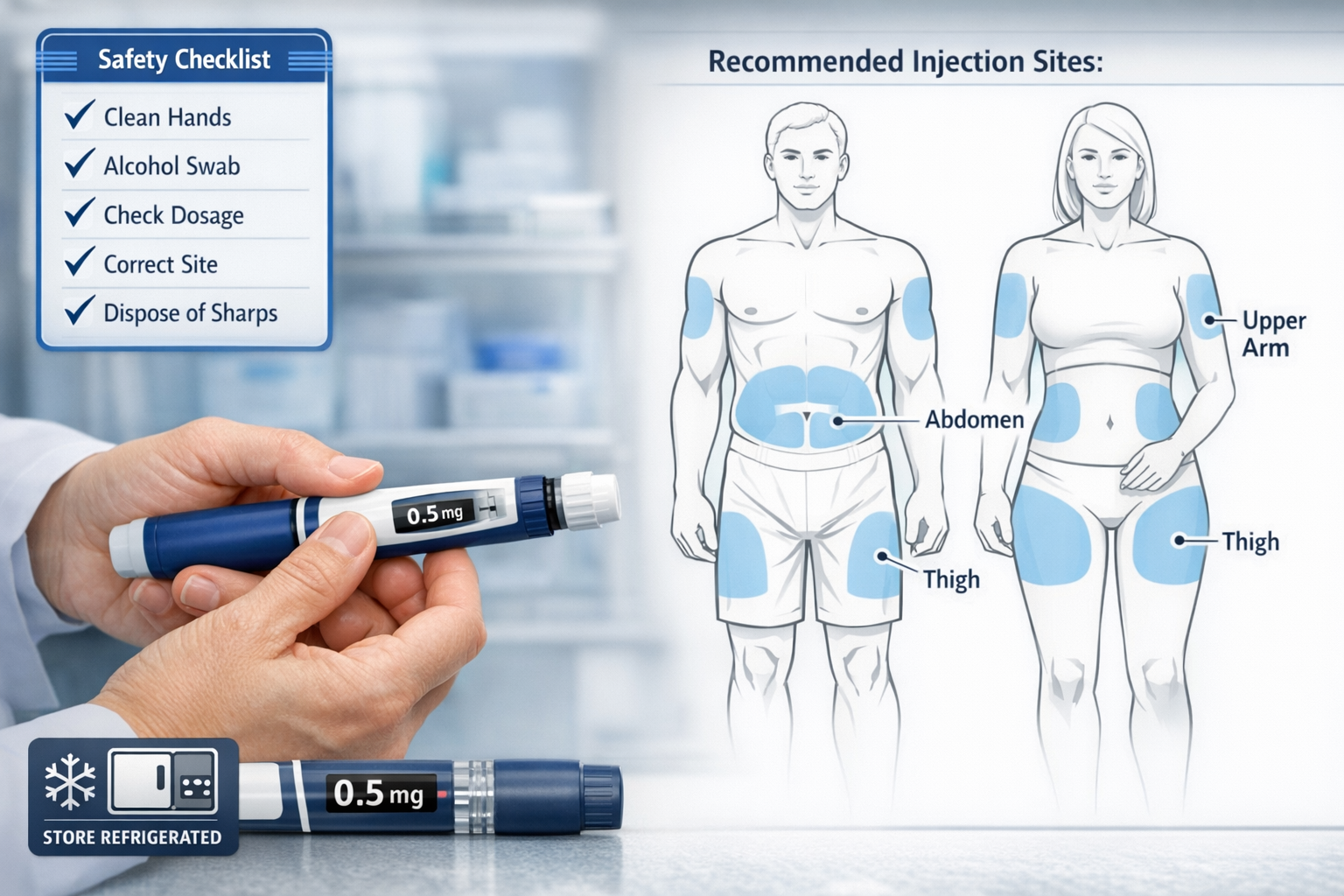 Clinical research photograph showing proper peptide administration technique, close-up of healthcare professional hands holding injection pe