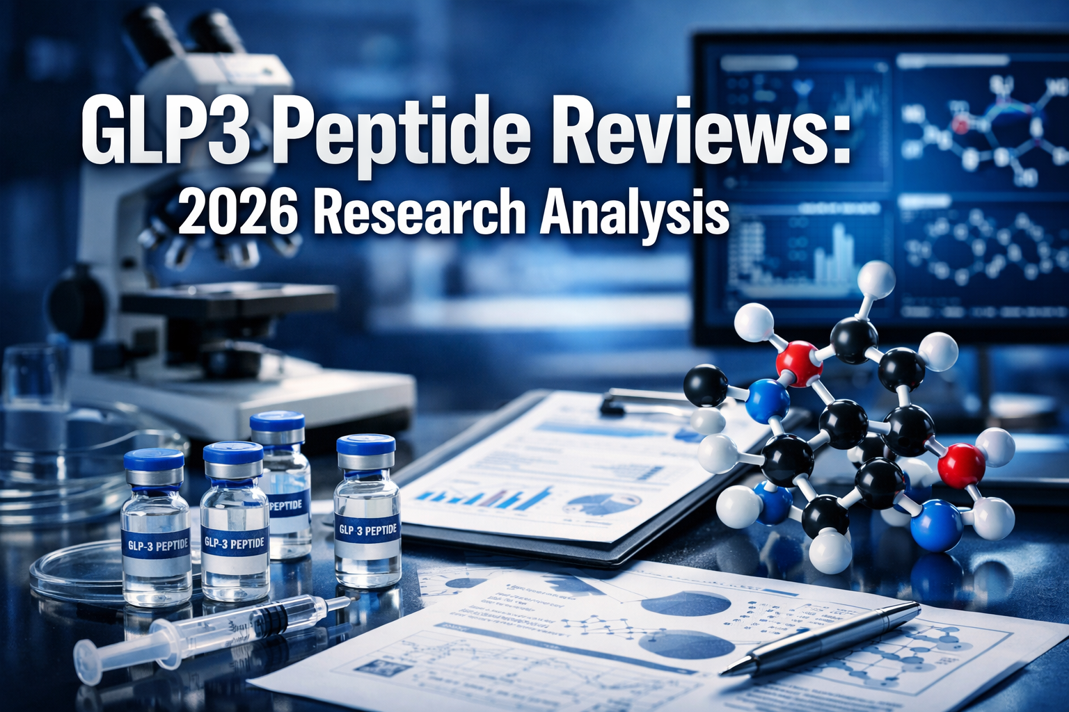 Professional landscape hero image (1536x1024) featuring bold text overlay 'GLP3 Peptide Reviews: 2026 Research Analysis' in extra large 72pt