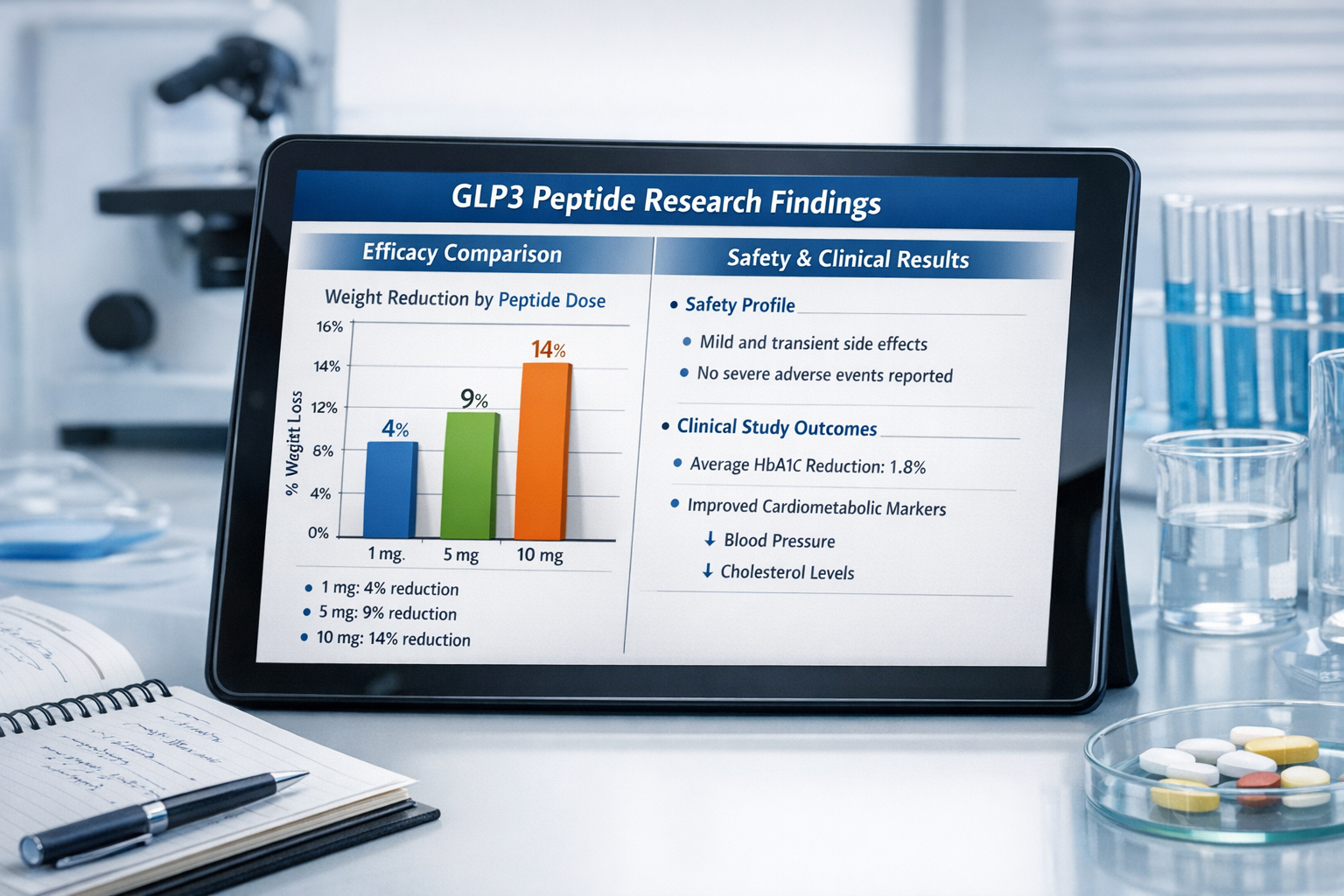Comparison chart displaying GLP3 peptide research findings with bar graphs showing efficacy data, side-by-side analysis of different peptide