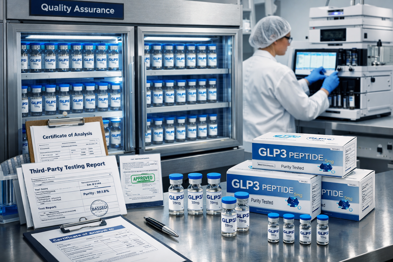 Modern peptide storage facility with temperature-controlled vials of GLP3 peptides, quality control certificates, third-party testing docume