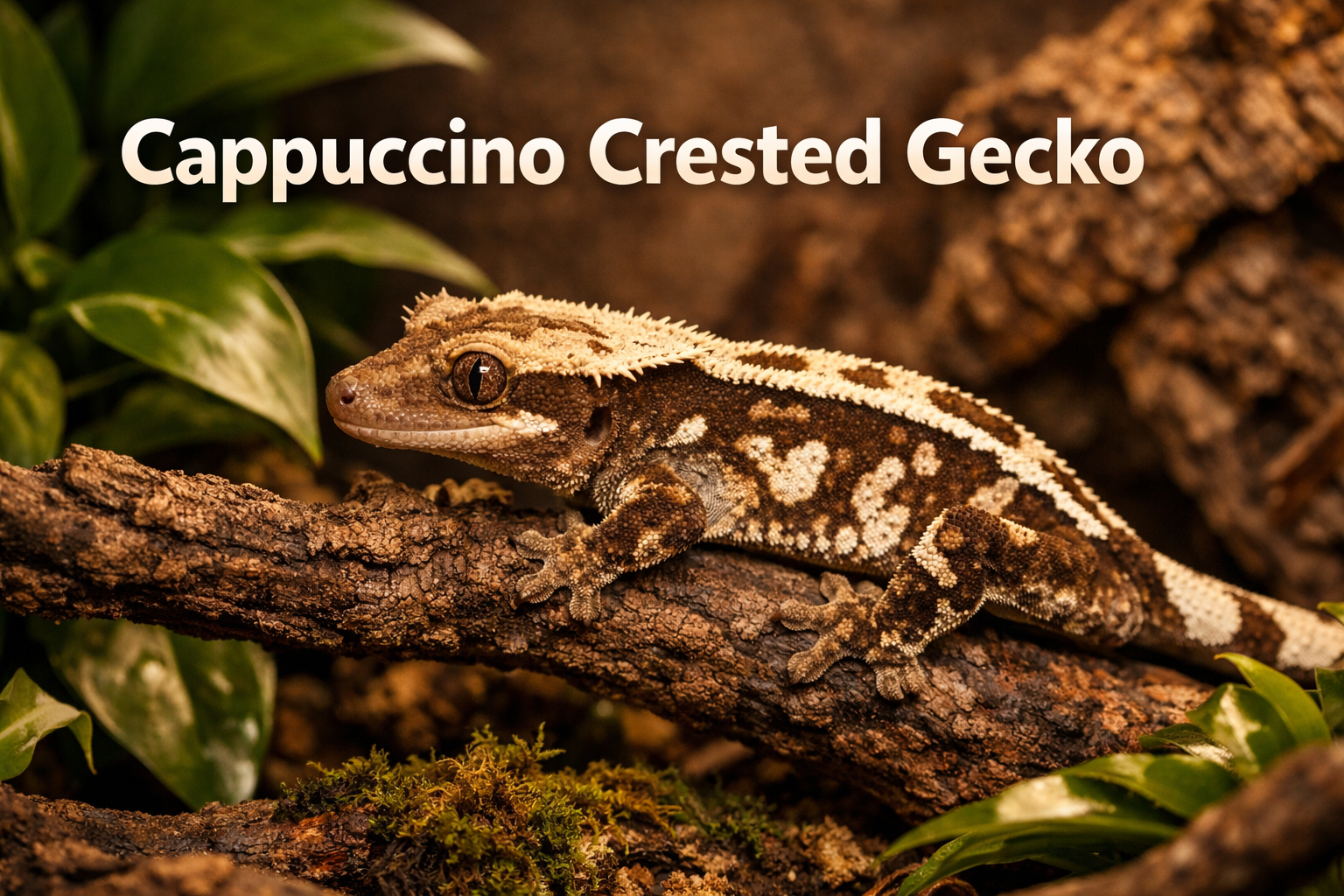Professional landscape format (1536x1024) hero image with bold text overlay 'Cappuccino Crested Gecko' in modern sans-serif 70pt white text