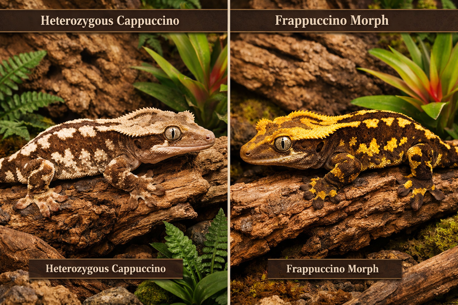 Detailed landscape format (1536x1024) image showing close-up comparison of cappuccino crested gecko morphs including heterozygous cappuccino